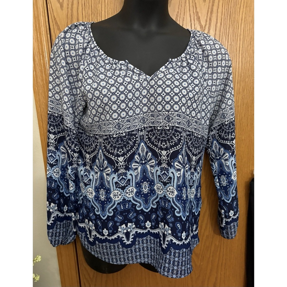 Dressbarn Blue Geometric Print Tunic Blouse